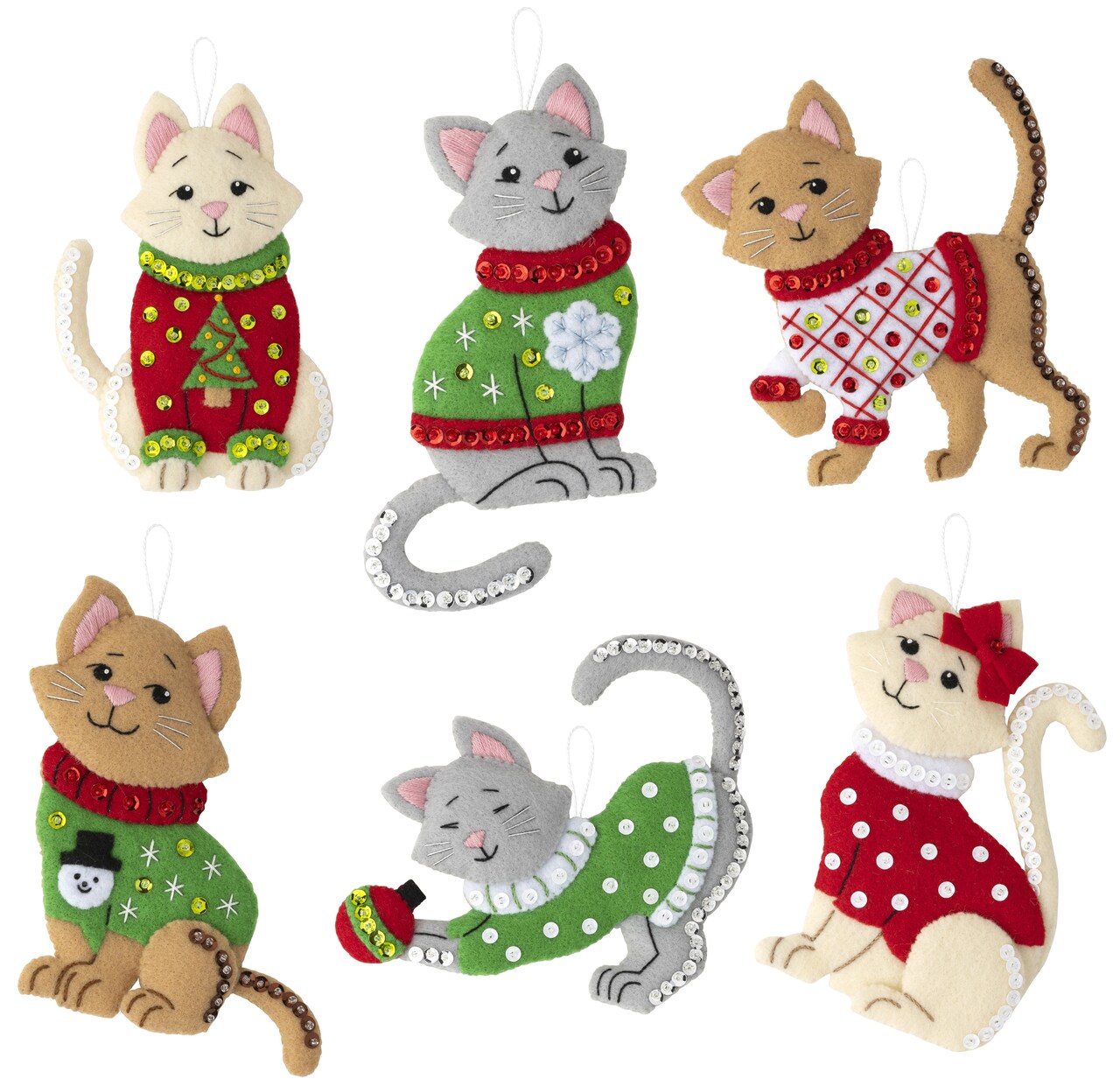 Bucilla Felt Ornaments Applique Kit Set Of 6-Cats In Ugly Sweaters